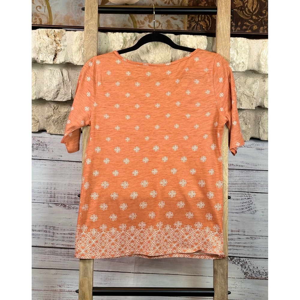 Loft Outlet Soft Orange Floral Border Print Cotton Elbow Sleeve Top Small - Picture 4 of 6